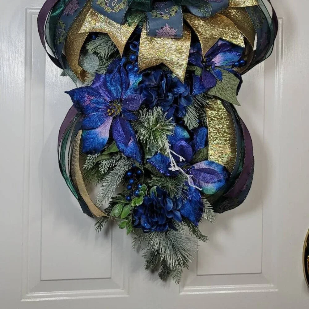Blue Joy Poinsettia and Hydrangea with Mixed Pines Swag, Holiday Swag